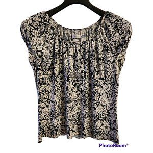 Women's Van Heusen Size Large Babydoll Cap Sleeve Top Shirt Black Tan Floral EUC